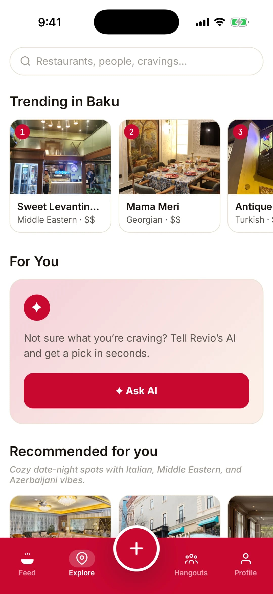 The Revio Explore screen: trending restaurants, an Ask AI card and personal recommendations.