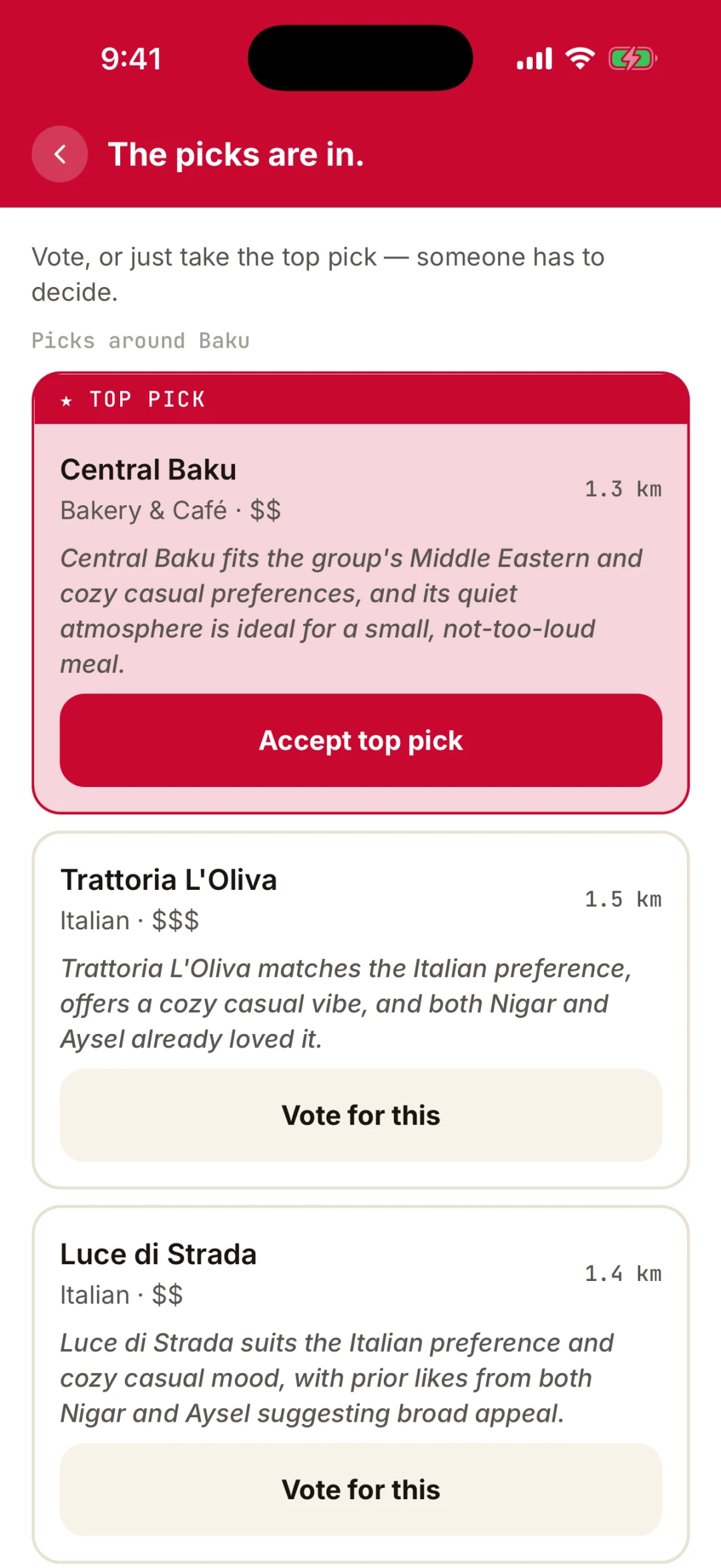 Hangout results: an AI top pick with a short reason, and two alternatives to vote for.
