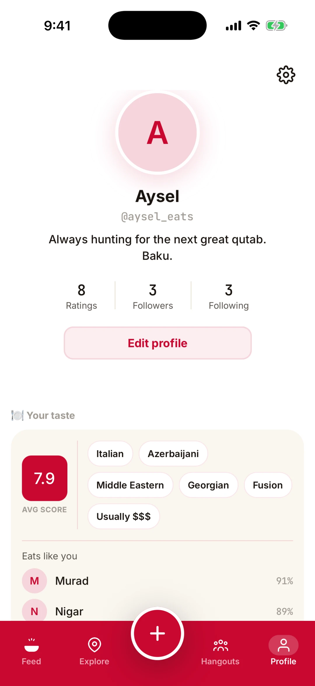 A Revio profile with an average score, favourite cuisines and people who eat alike.
